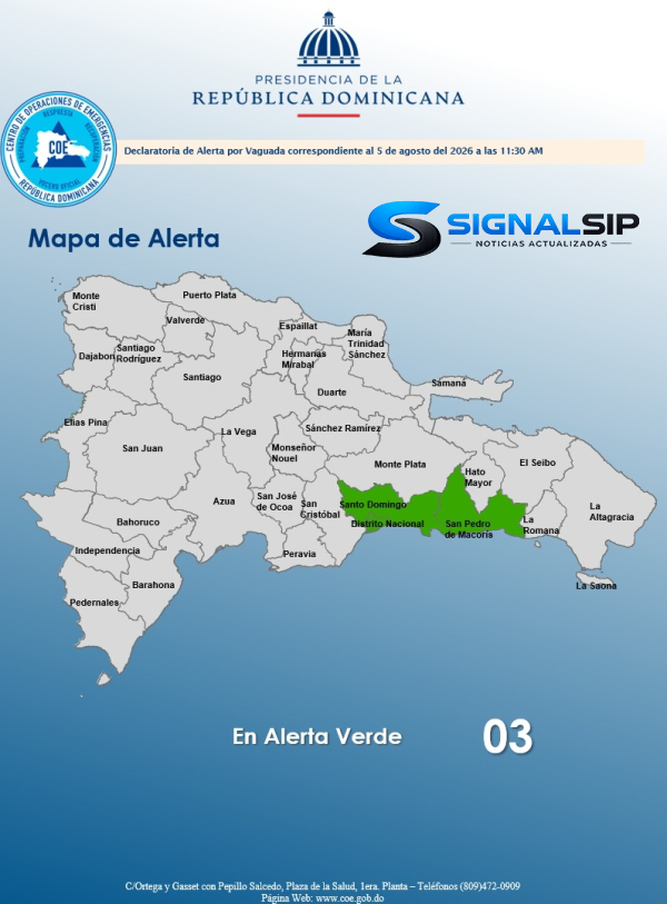 El COE mantiene dos provincias y el Distrito Nacional bajo alerta verde ante el pronóstico de INDOMET