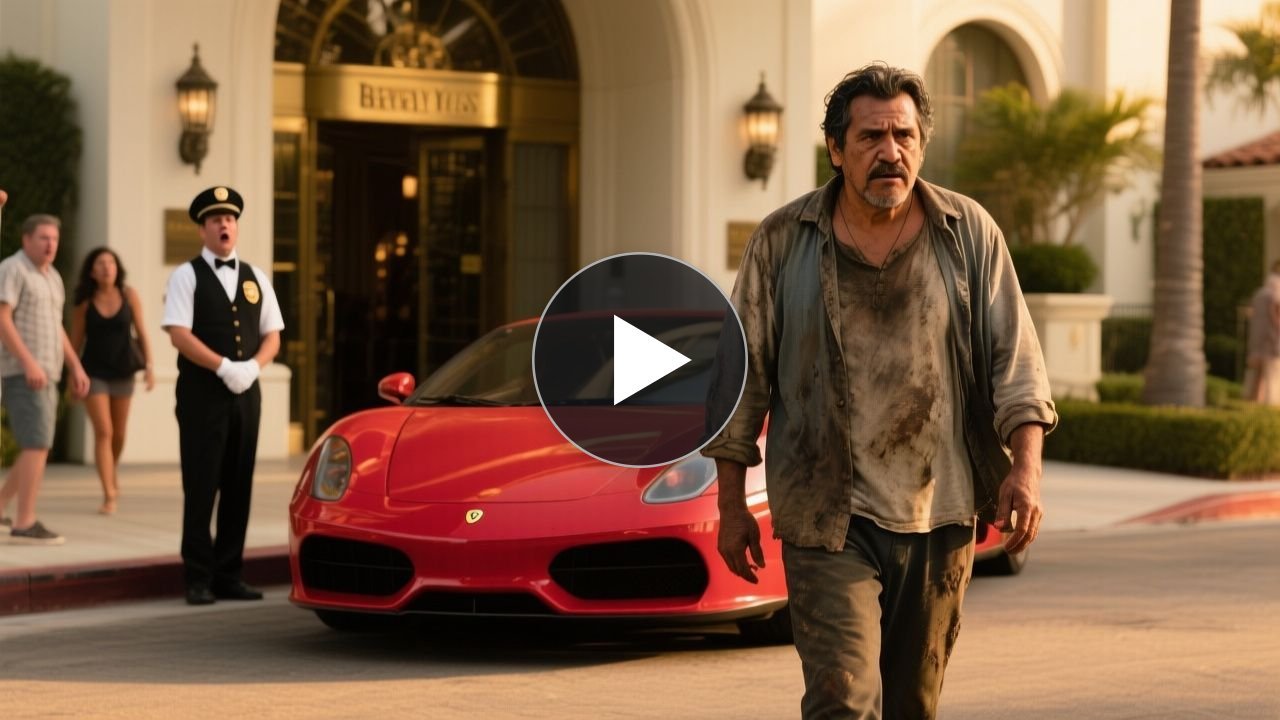 Hombre con ropa sucia y camiseta manchada subiéndose a un lujoso Ferrari rojo frente a un hotel de Beverly Hills