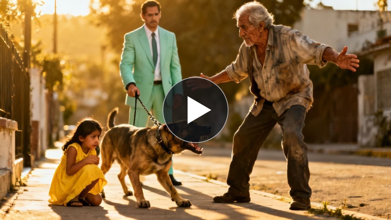 Anciano humilde arrodillado frente a un perro enorme con correa de cuero, defendiendo a una niña en un parque